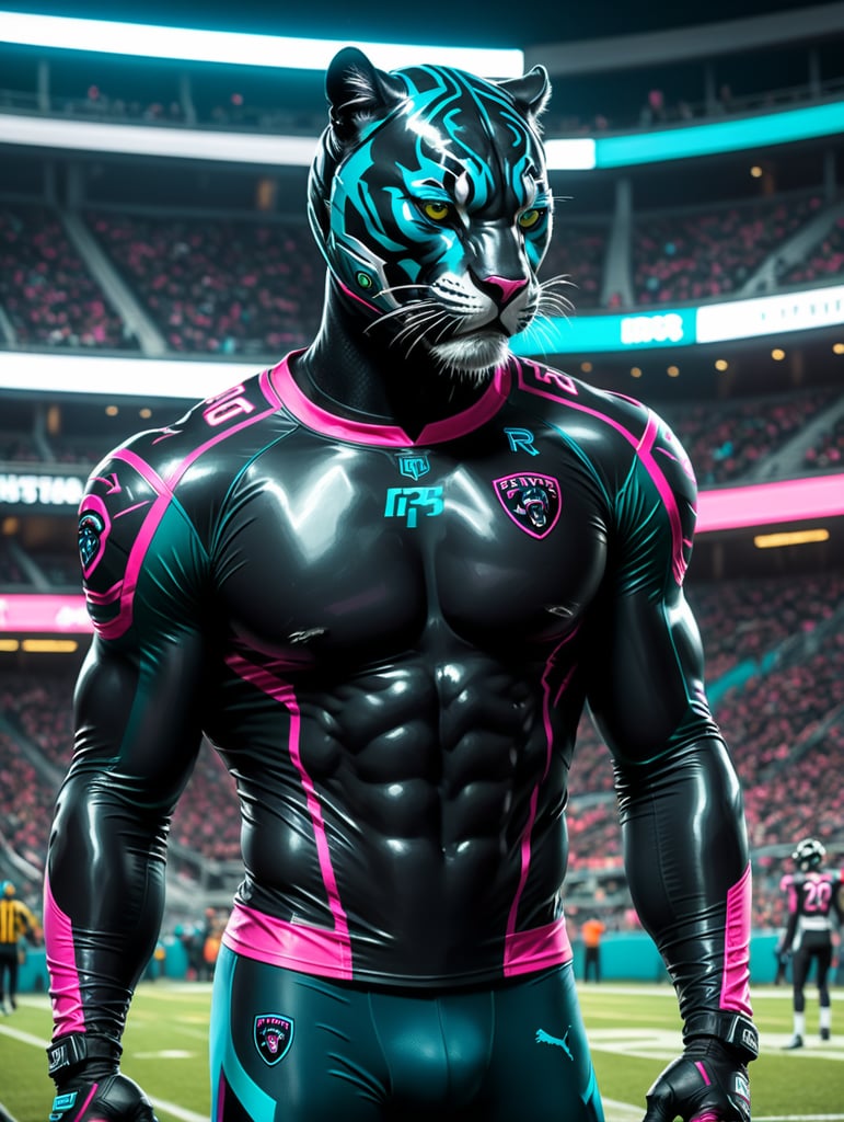 Please create a black sports warmer long sleeves with neon pink and teal trimmings for a team called Panthers.