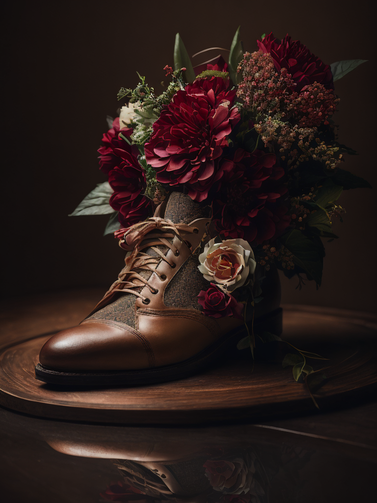 realistic photo of shoes with flowers, deep atmosphere, dark, saturation, vibrance, sharp on details