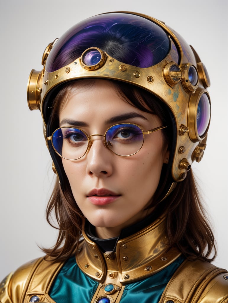 In 1998, abstract fashion photography captured a 1960s astronaut woman in a gold spacesuit with a large helmet and glasses. The art, created by Victor Moscoso and Bridget Riley, used Kodak Ektar 100 film. Carne Griffiths added a touch of magic with fluid art, while artists like Conrad Roset, Ilya Kuvshinov, Mark Fielding, and Zwy Studio emphasized high lights in the eyes. Sergio Lopez and Natalie Shau also contributed to the artwork.