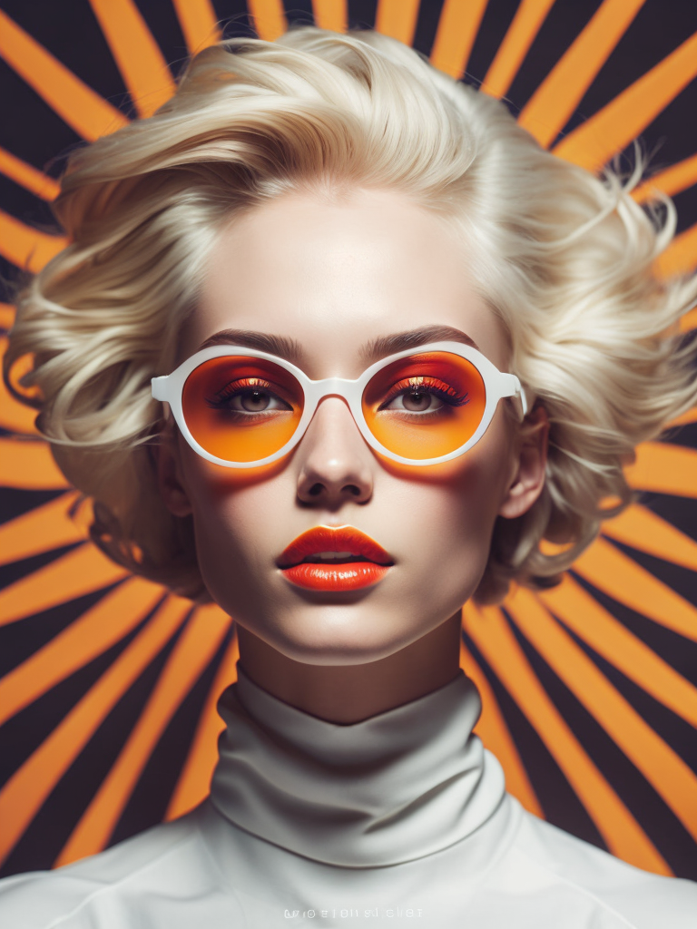 Pale-skinned girl model, wearing a high-necked dress, contrast lighting, white sunglasses with red-orange lenses, red lips, blonde hair in a bob style, dark background with orange-red rays, fashion model, magazine cover, professional shot,
