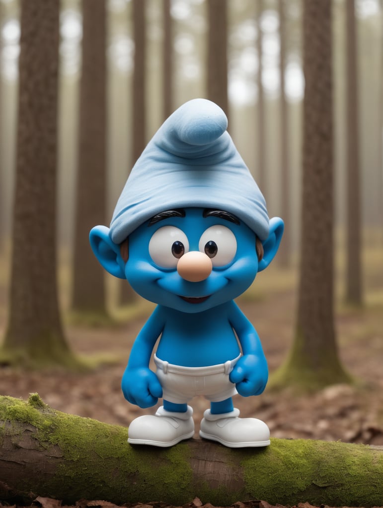 smurf grumpy face walking in beautiful forst