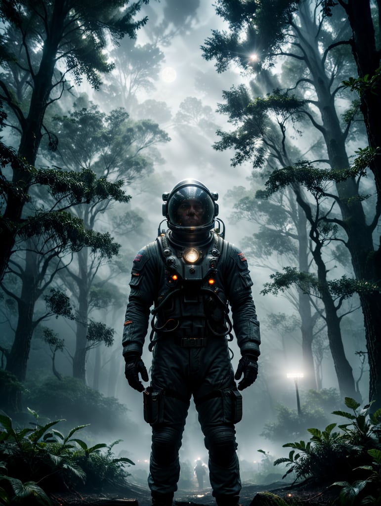 astronaut står omringet af træer om natten det er et skarpt lys, der laver en masse skygger i tågen