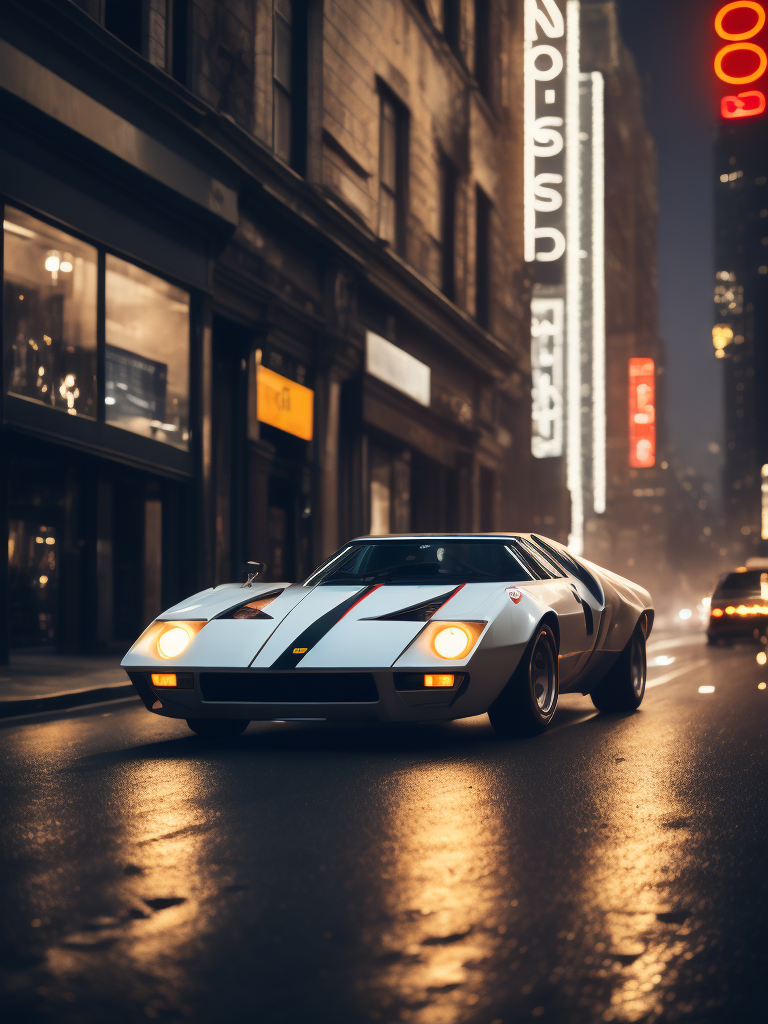 analog gloomy photo of a silver Lancia Stratos Zero car, low view, ground level view, diagnoal view, brushed aluminum, driving on a busy city street at night, dark photo, neon lights, smokey atmosphere