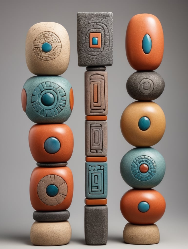 Tótem de cerámica de 5 figuras geométricas de materiales rocosos y en medio del Tótem una piedr de color vibrante en material semitraslucido. Mucho margen