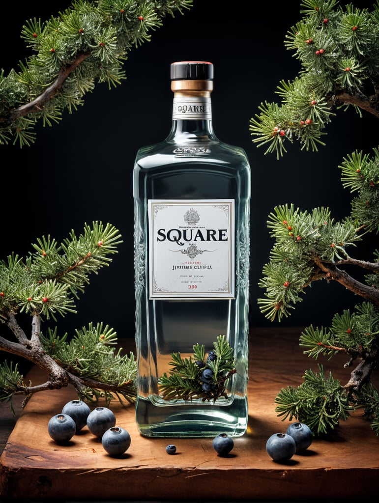 professional photography of a square gin bottle, square bottle, surrounding a juniper and juniper berries, one shot of gin in a front, no label, clear, mockup