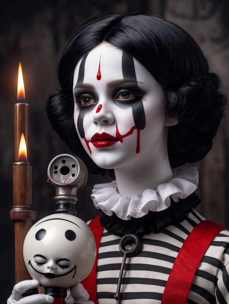 3d gothic porcelain dolls as mimes with tears of blood hyper realistic 8k holding a pipe wrench