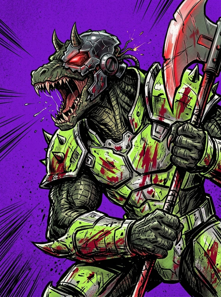 angry reptilian alien warrior roaring in profile, neon green and silver battle armor, shattered cybernetic helmet with glowing red visor, gritty comic book illustration, heavy black inking, dynamic speed lines, prominent halftone textures, thick crimson paint splatters across the armor, solid vibrant purple background, raw energetic brushstrokes, high contrast