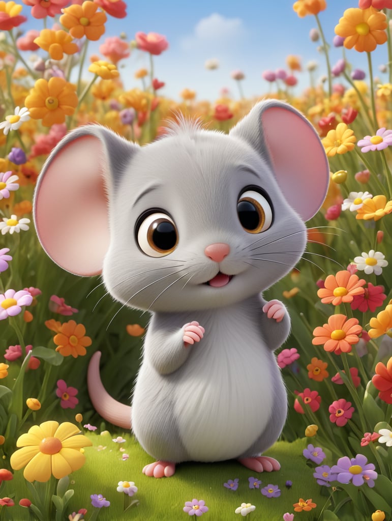 cute gray mouse with basket in a beautiful flower field