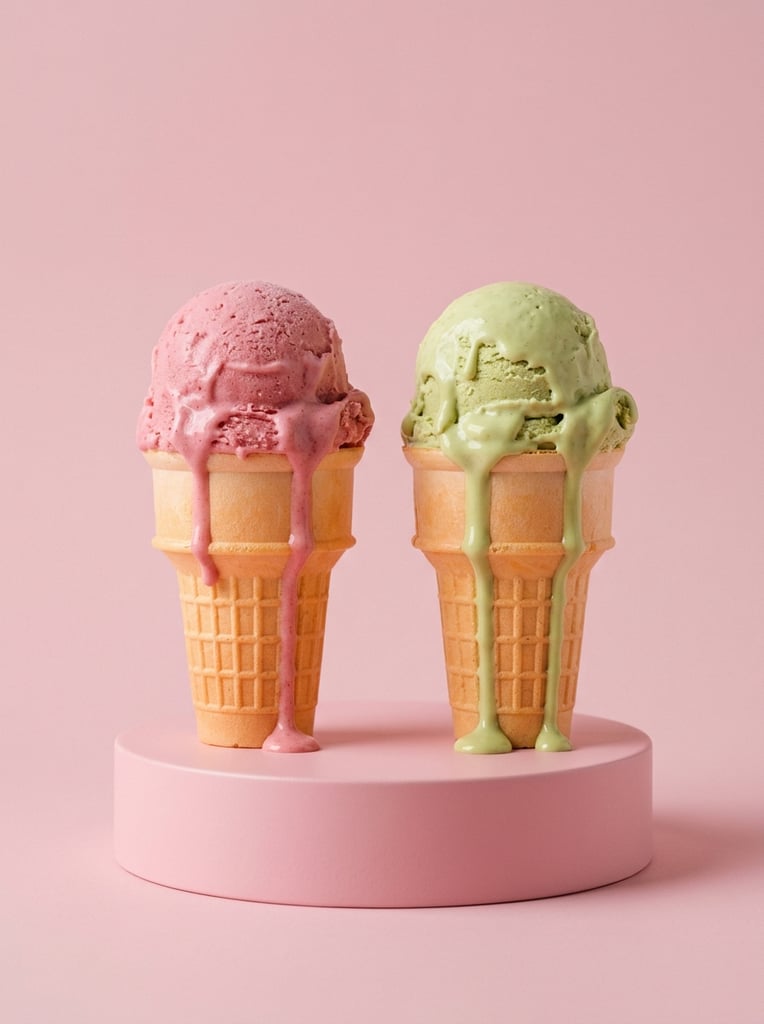 Two perfectly upright ice cream cones stand on a pink cylindrical pedestal against a seamless pastel pink background. The left cone features a textured pink scoop, while the right holds a pale green scoop. Thick, viscous drips melt down identical pale orange flat-bottomed wafer cones with lower waffle grids. Soft directional studio lighting enhances the clean, minimalist, photorealistic aesthetic.