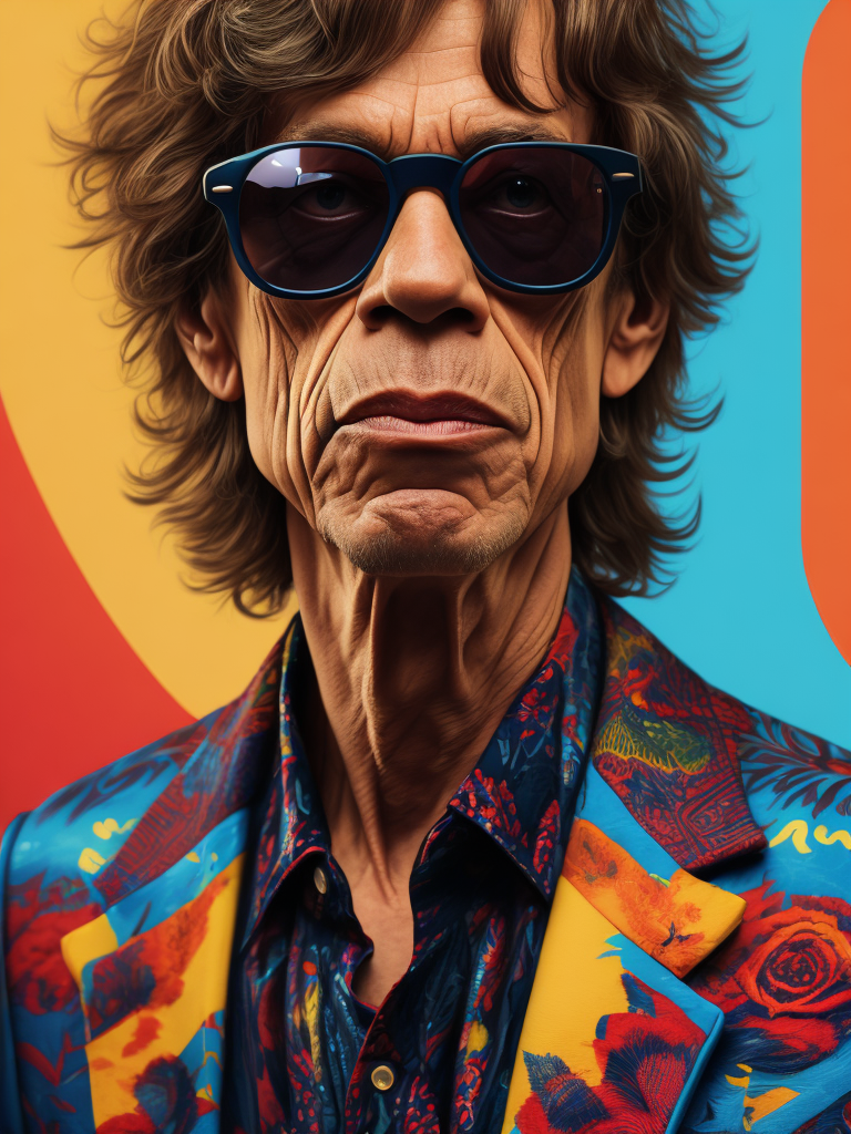 Mick Jagger wearing a brightly patterned jacket and wayfarer glasses, Vivid saturated colors, Contrast color