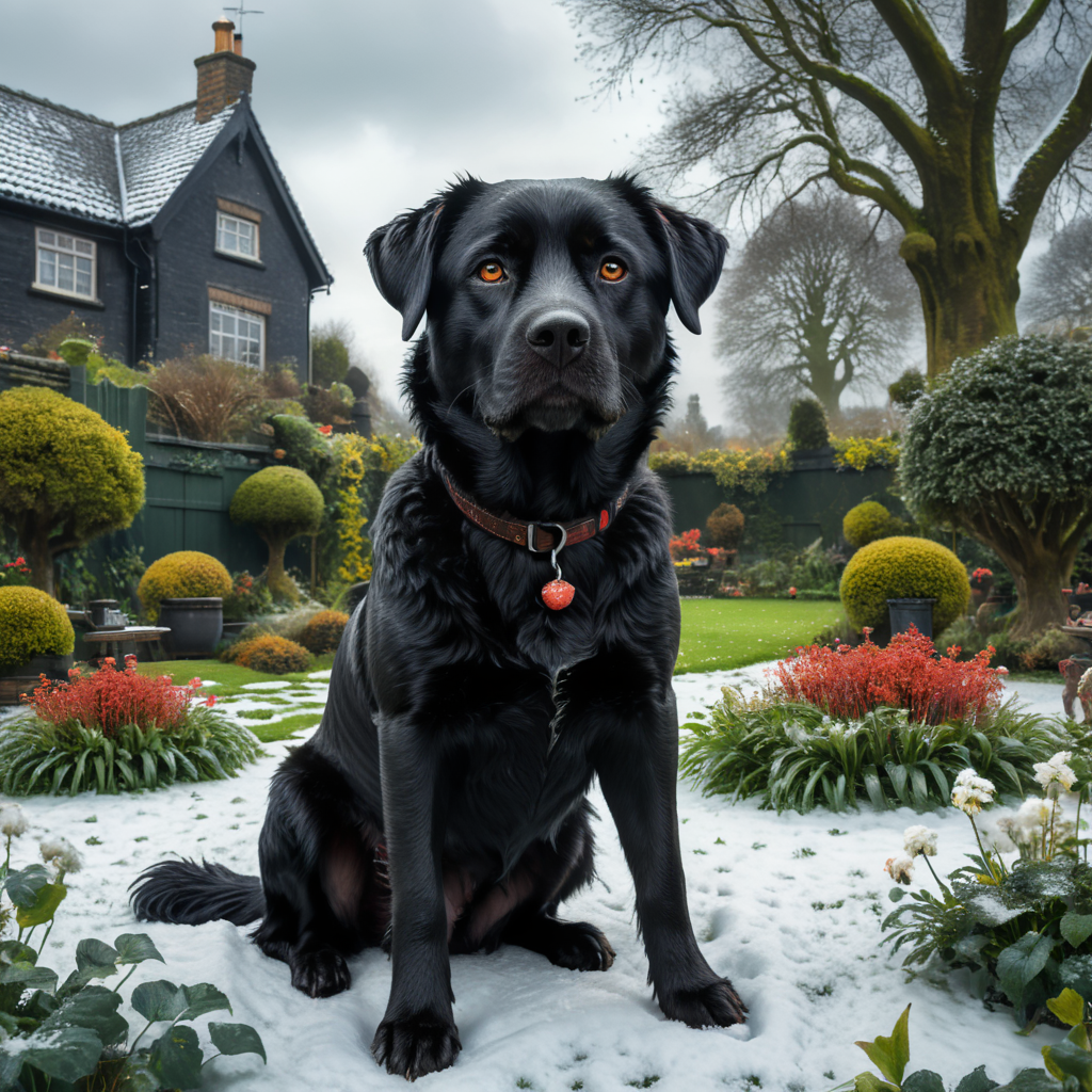 Black dog sitting on the grass in a small English garden. In the winter with snow on the ground. Viewed from ground level.