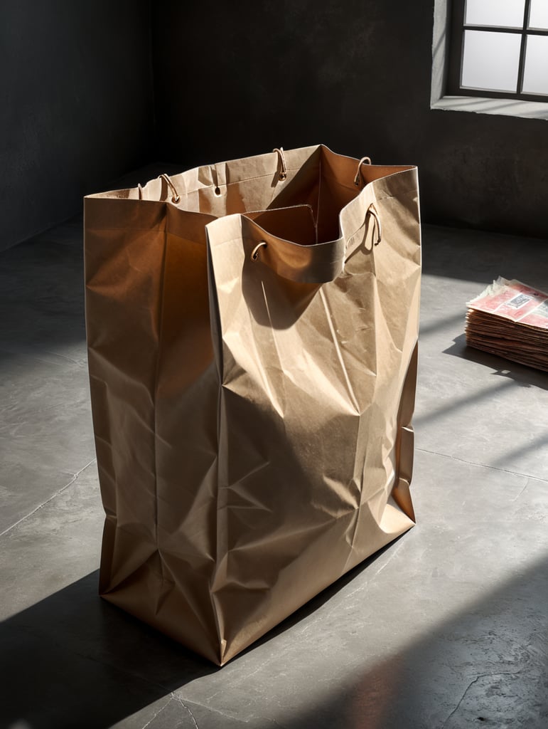 Cement paper bag with few folders and rounded corners. The bag is fully white with shadows and lights. There is a shadow behind the bag on the floor and on the wall