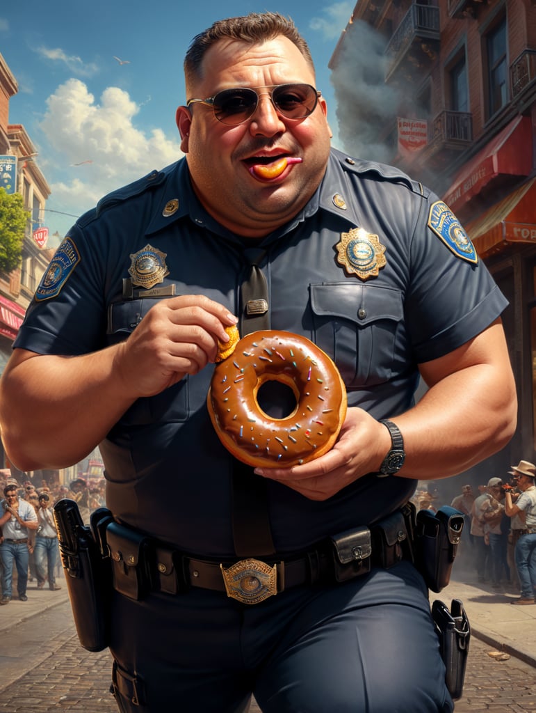 very fat cop is eating a donut, happy, sunglasses, image, portrait