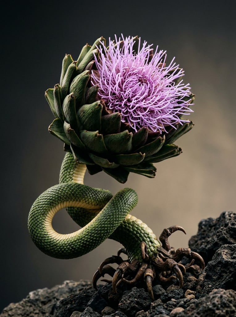 surreal hybrid plant, artichoke-like flower head with thick dark green scales, dense light purple stringy filaments blooming from the center, brown claw-like tendrils at the base, thick twisted stalk resembling a coiled snake, bumpy green reptilian scales with a pale yellow underbelly, smooth dark grey to pale beige gradient background, dark rocky silhouette in bottom right, hyper-realistic macro photography, dramatic studio lighting highlighting organic textures, sharp focus