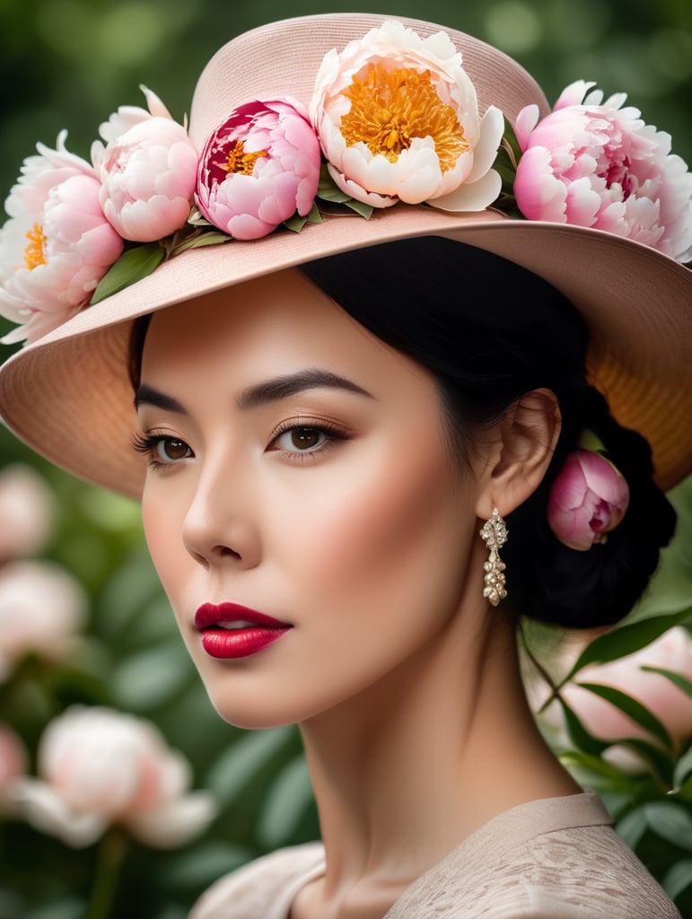 a hat with peonies on a woman's head