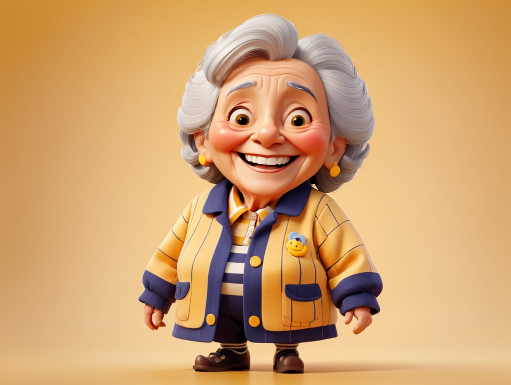 Smiling and cheerful old lady in a striped jacket on an isolated yellow background