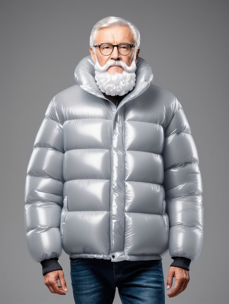 Inflatable white minimalist old man with beard puffer jacket, transparent, isolated, grey background, mockup