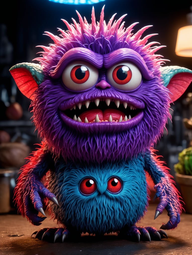Cgi! red germ monster character, highly detailed, scary but charming, gremlin, tribbles, minions, stop motion! purple and blue lighting!