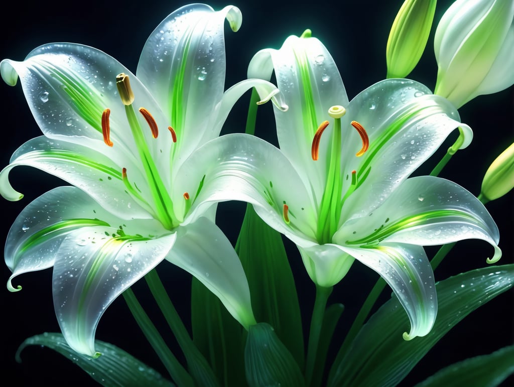 bioluminescent white flower Lily, hyper detailed rendering, 4k, magic light, neon watercolours