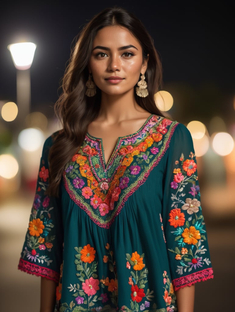 Beautiful Mexican woman with freckles, wearing a colorful, vibrant, detailed embroidered dress, médium-full shot, at night