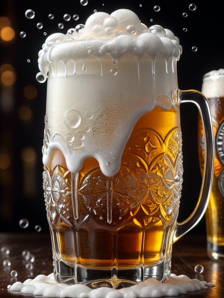 A stunning interpretation of extreme one pint of beer, one ihch of white foam on top, transparent beer with tiny gas bubbles, advertisement, highly detailed and intricate, hypermaximalist, ornate, luxury