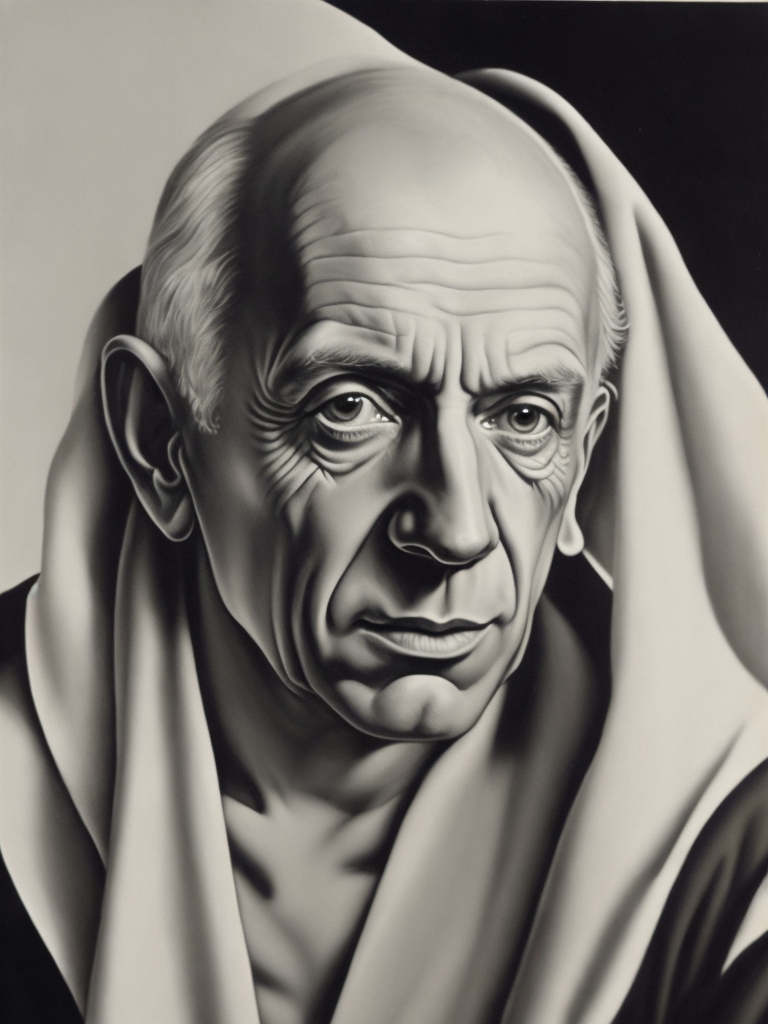 A painting of a Pablo Picasso, aged Pablo Picasso in the art deco style of Tamara de Lempicka.