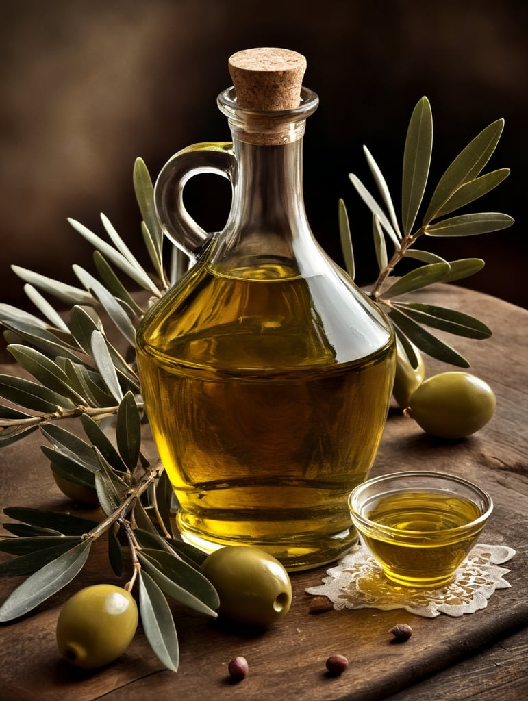 Aceite de oliva Entreposturas sobre una mesa de maderam deben colocarse una botella y unas ramas de olivo. Queremos que la fotografia sea fiel al antiguo estilo andaluz.