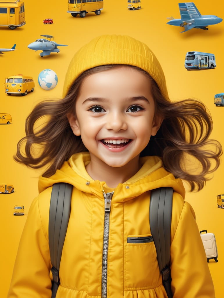 photo happy little girl going to travel, cute girl, dressed in all yellow, yellow background, harpers bizarre, cover, headshot, hyper realistic