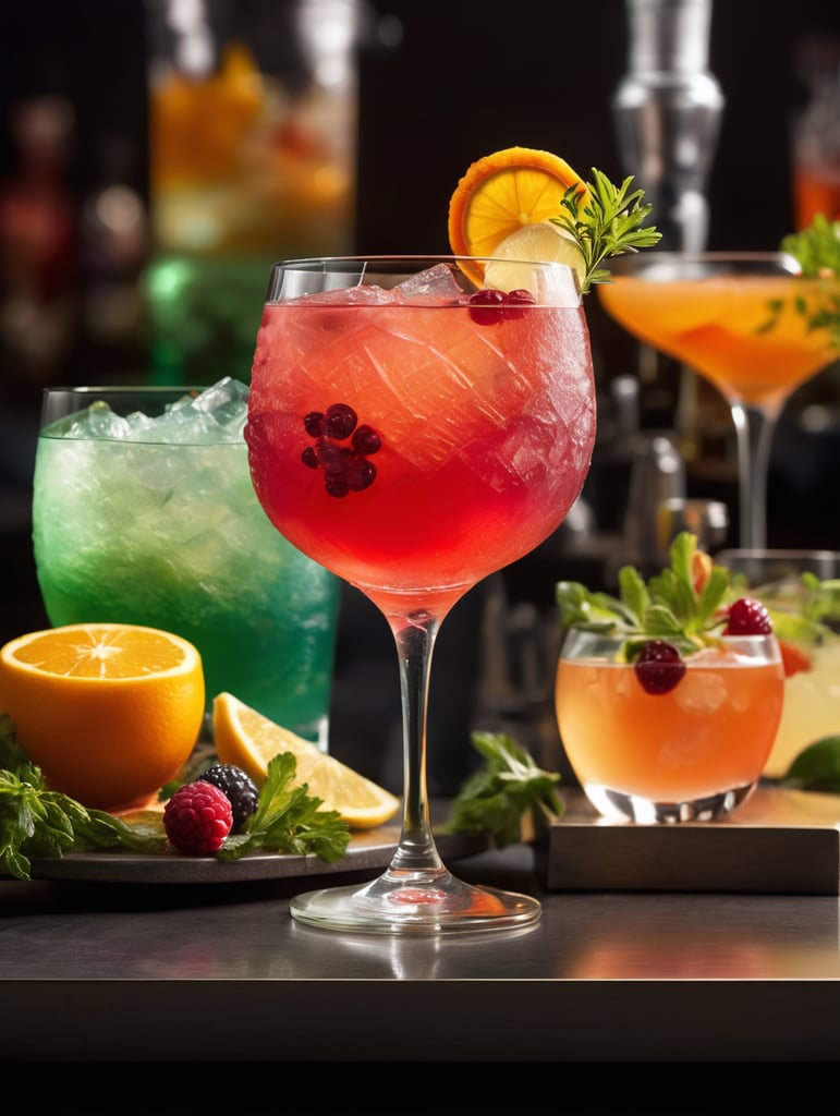 Create a visually stunning image that captures the artistry of mixology. Display a mesmerizing cocktail presentation with vibrant colors, meticulously crafted garnishes, and an atmosphere of sophistication. This image should inspire viewers to appreciate the creativity and craftsmanship behind mixology 8k, highly detailed.