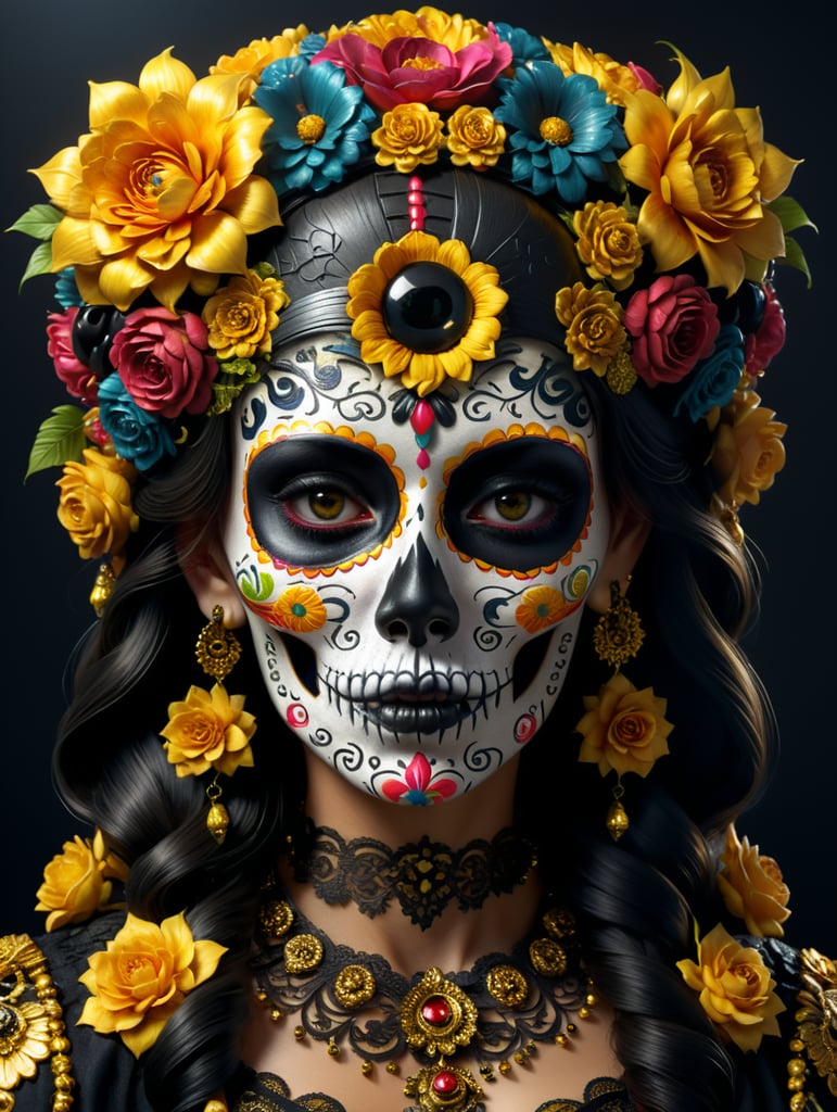 mexican, sugar skull, ornamental, flowers, garlands, gold and black colors, 3d style surrealist art, painting, girl, glamorous, dark