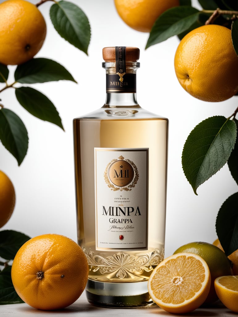 Packaging and branding for a Italian grappa under the brand Mino. The design should be classic yet with a modern touch. Bottle should be placed at a table with traditional italian food.