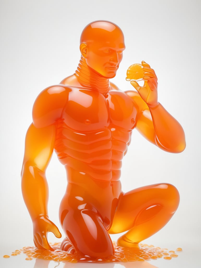 Portrait of a Translucent orange man made from the orange fruit jelly with pice of fruit, organs are visible through the jelly