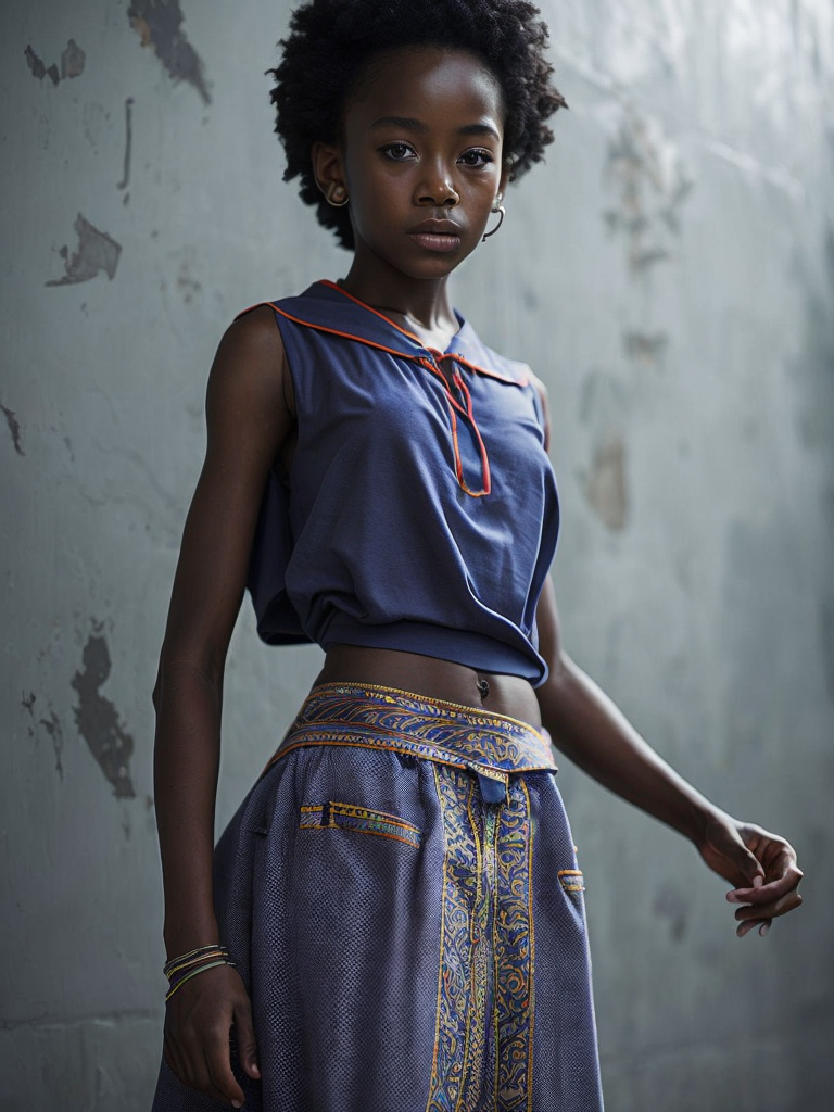 Create a full-body manga drawing of a young African character donning modernized traditional clothing, stretching their arms in a morning routine.