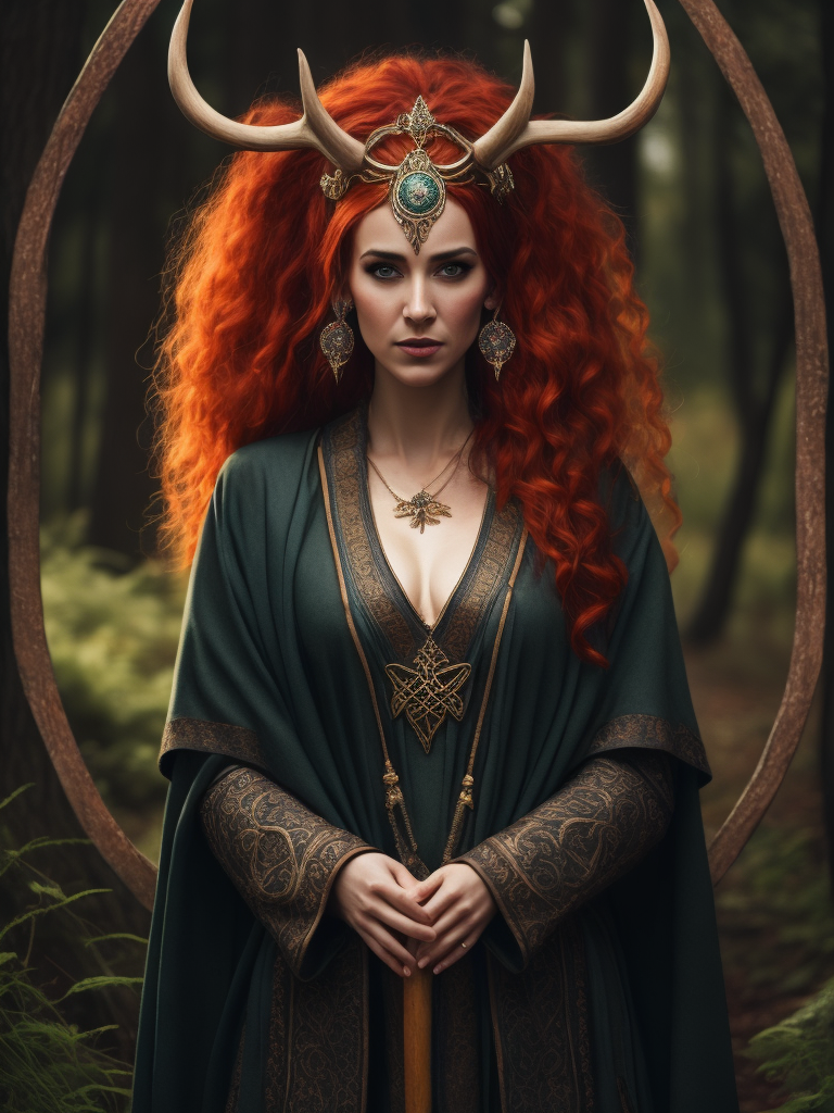 celtic pagan red haired woman wearing antlers on her head, regal goddess, beautiful, in a forest, wearing ancient goddess robes with celtic embroidery, wooden staff in her hand, dark evening background, stained glass style