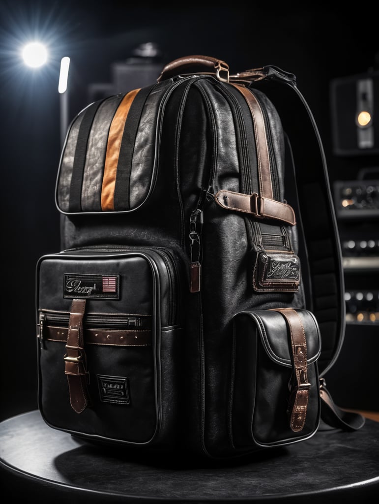 a black space guitar gigbag with a magnetic thruster, on a dark background with dramatic lighting.