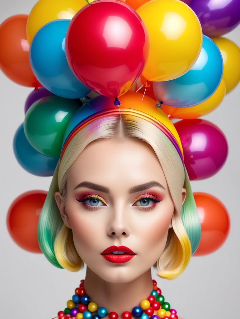 A beautiful female blonde, multicoloured pop, balloon headpiece sleek, clean makeup, with depth of field, captured in vivid colors, minimalist