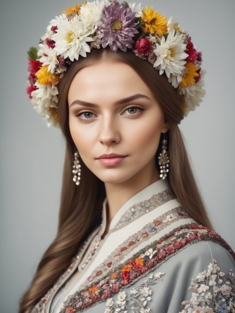young woman of Slavic appearance in a kokoshnik made of flowers in modern clothes