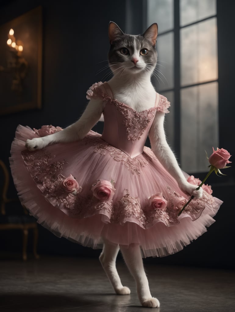 ballerina cat in a rose dress