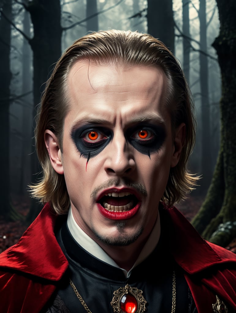 Macaulay Culkin in a Dracula Halloween costume, scary face makeup, dark atmosphere, vintage style, red and black colors, high detail photo, professional photo shot, against the backdrop of an old creepy dark forest, contrasting light, bright colors, dark atmosphere