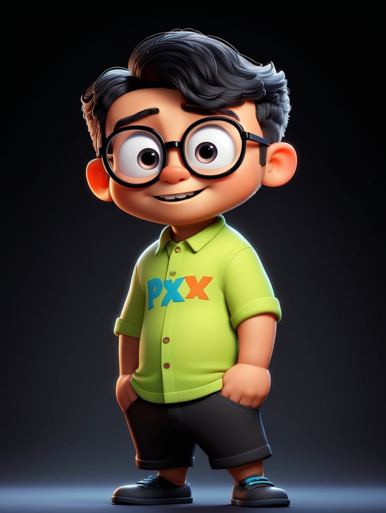 young cartoon character with black glasses, cartoon, isolated, black background