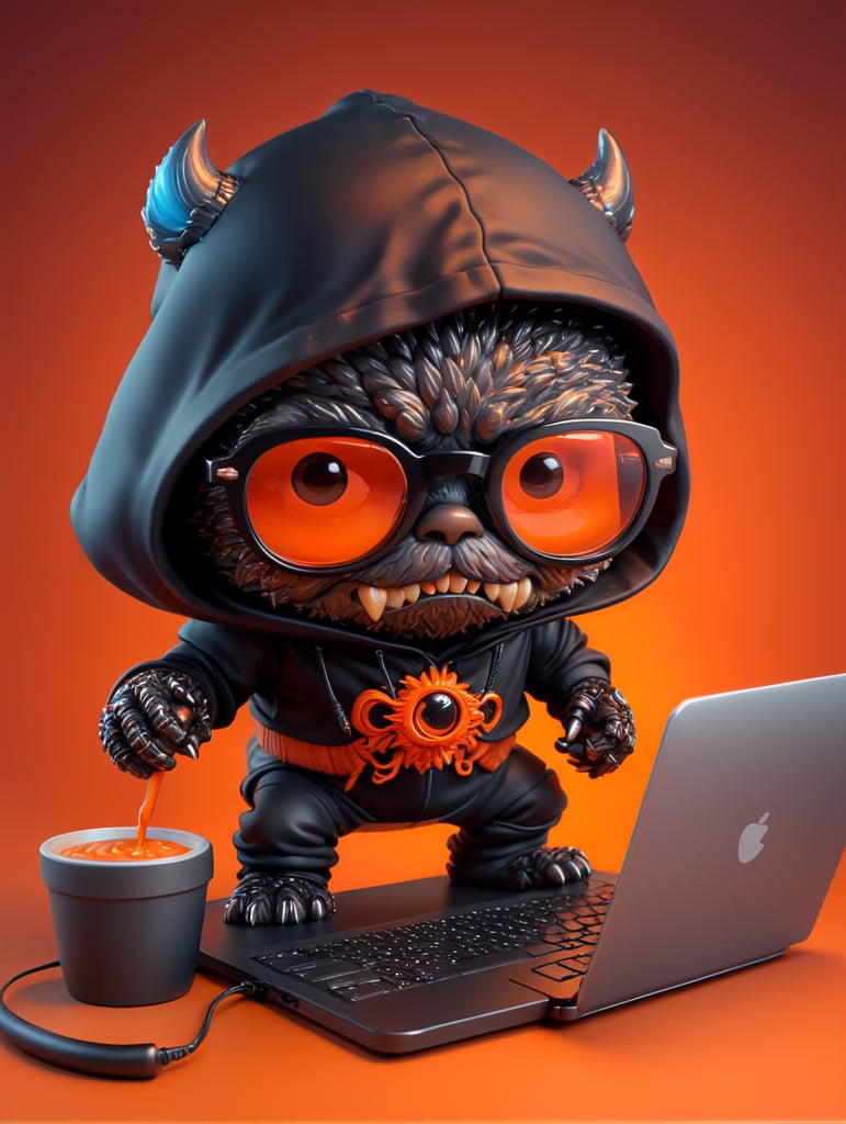 mascot monster typing laptop, a cute mascot character wearing black hoodie and glasses, orange color, funko pop, vibrant gradient background,