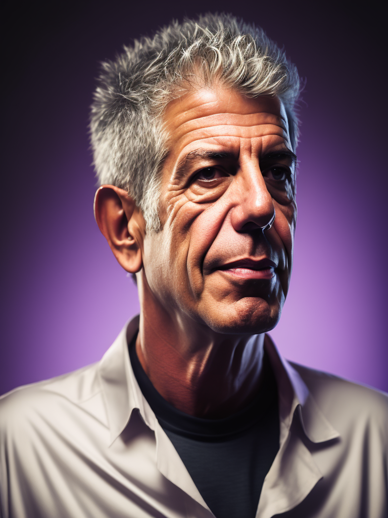 Portrait of anthony bourdain in a light suit with black thick rims, portrait in the kitchen, violet background, sharp focus, highly detailed, vintage style