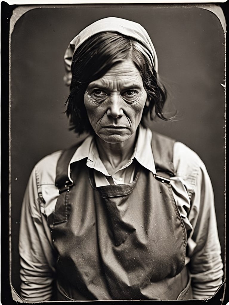 a wet plate photograph of a blind farmer with dark bob haircut, neutral emotions on her face