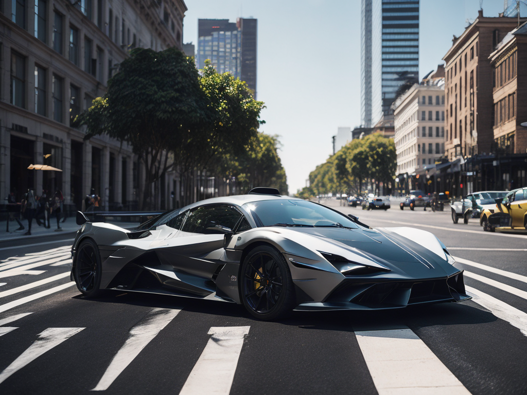 racing super car on a city street crosswalk, sunny day, high details