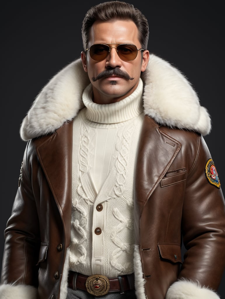 Uomo di 40 anni con i capelli scuri, i baffi, gli occhiali da sole. Vestito con un maglione bianco a collo alto e sopra un montone marrone con il pelo sul colletto.