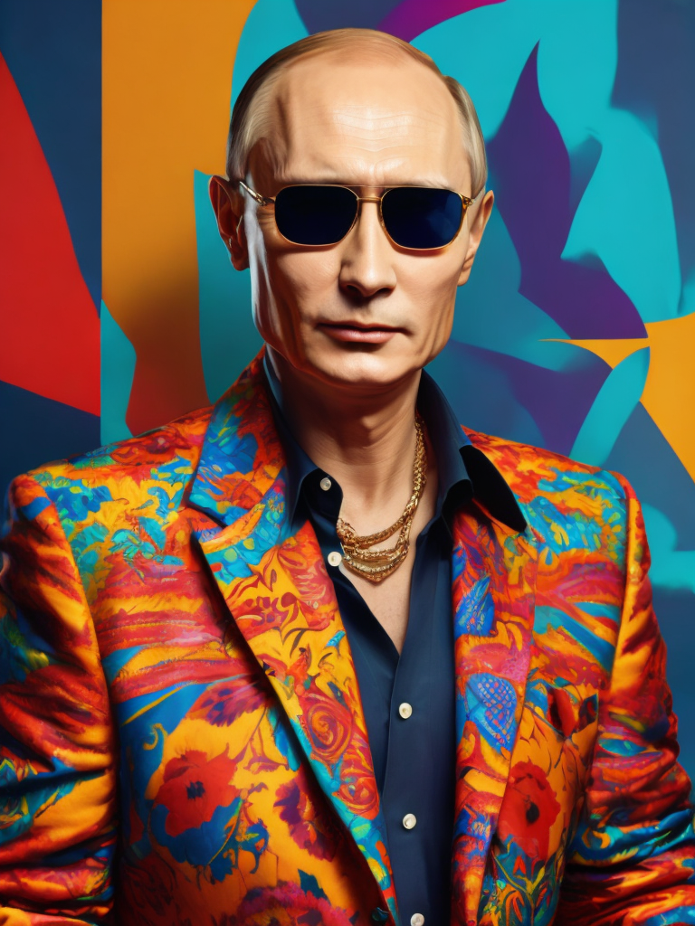 Vladimir Putin wearing a brightly patterned jacket and wayfarer glasses, Vivid saturated colors, Contrast color