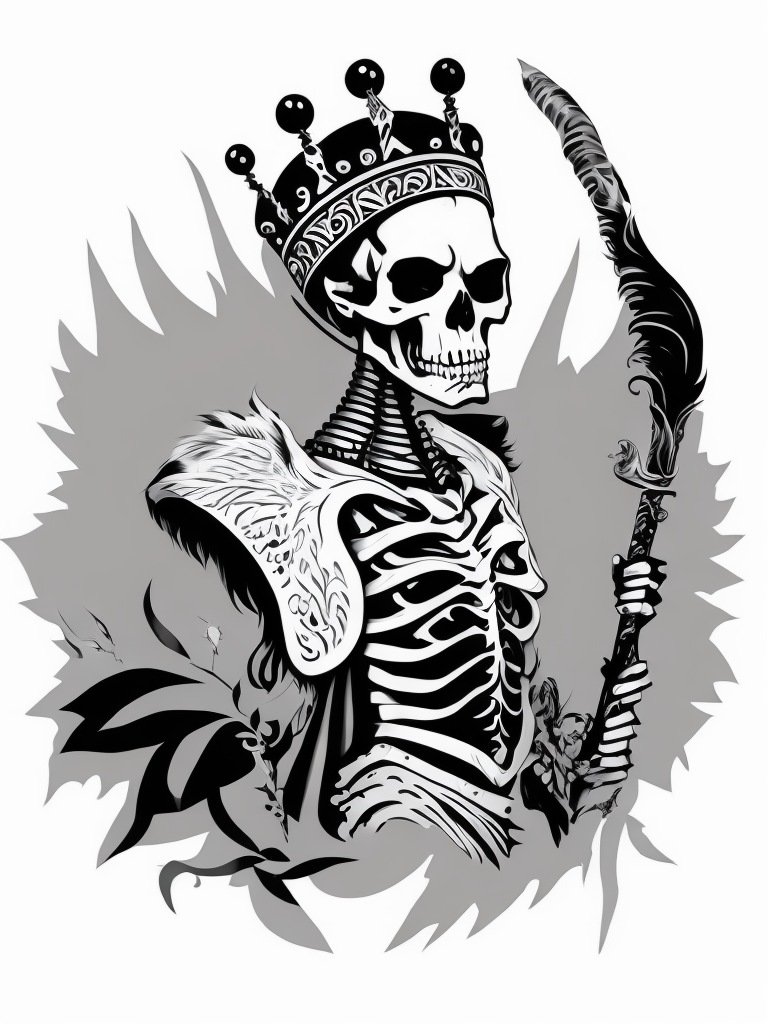 A vector art of a queen skeleton tattoo, linocut, white background, albrecht durer