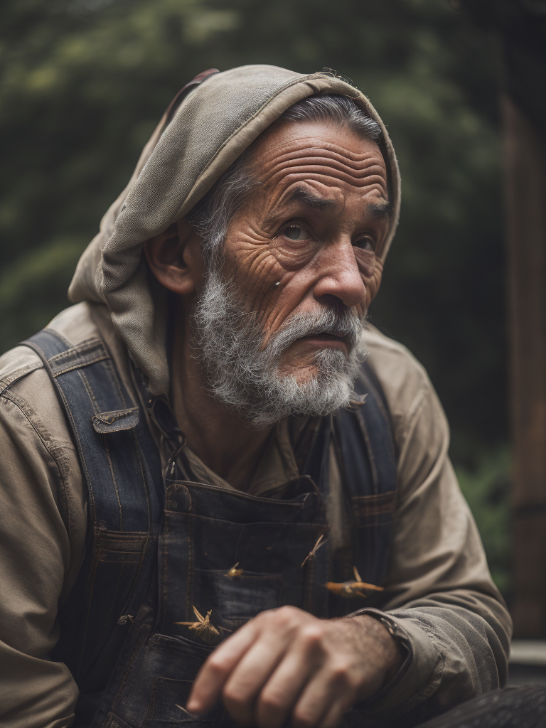 swarm beekeeper old scary man dungarees spooky creature nightmare dark sting on face creepy disgust