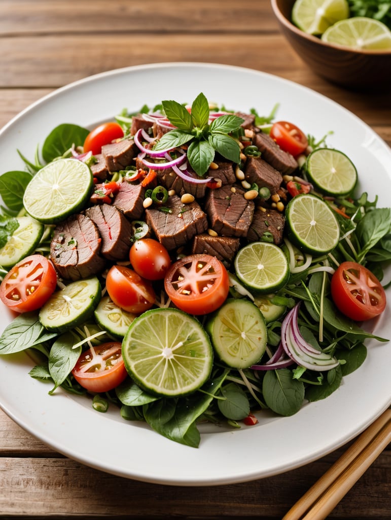 Thai Beef Salad (Yam Nua), small plate on a wooden table, Description: A zesty Thai salad featuring grilled beef, mixed with fresh herbs, cucumber, red onion, and tomatoes, and dressed with a tangy lime dressing.