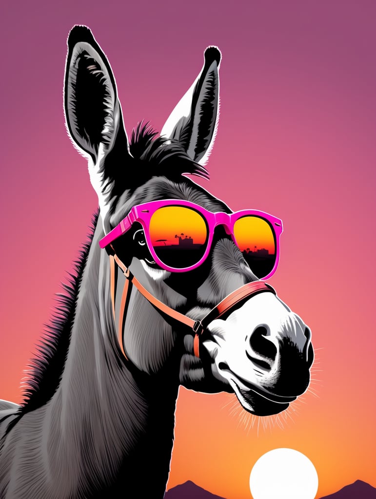 t-shirt design vector of a cute Egyptian donkey wearing pink sunglasses in front of a minimalist sunset with a contour and dark background A4 caption " kollo foll? "